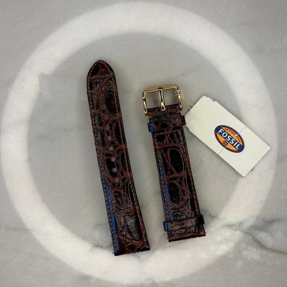 NWT Fossil Men's Alligator Brown Leather Watch Band Padded with Gold Buckle
